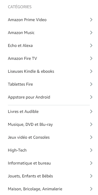 Liste catégories Amazon