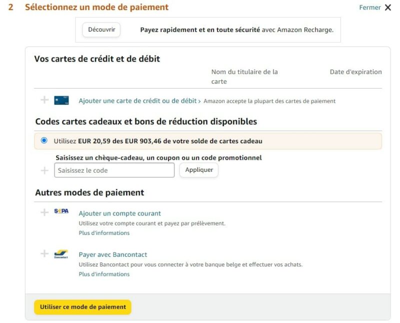 Pas de choix PayPal dans les modes de paiement Amazon