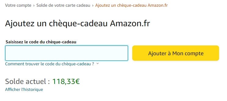 Ajouter cheque cadeau Amazon