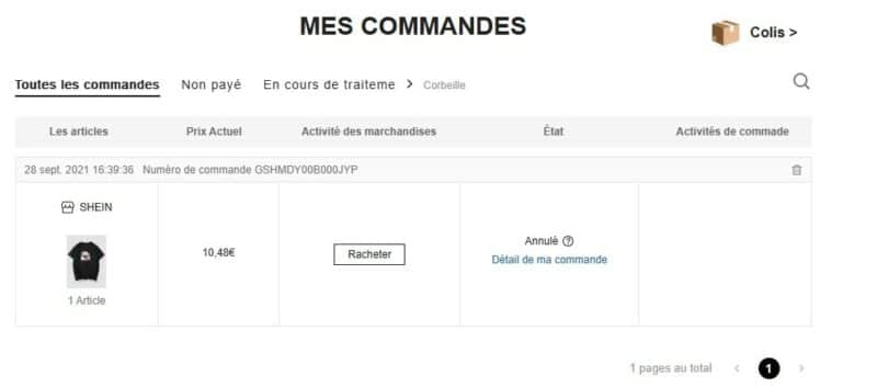 Historique de mes commandes SHEIN